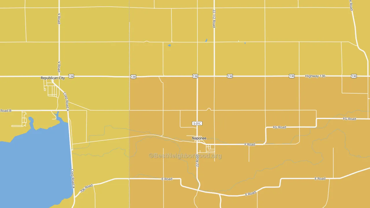 Map of the best neighborhoods in the Naponee area, with better matches in green and worse matches in red