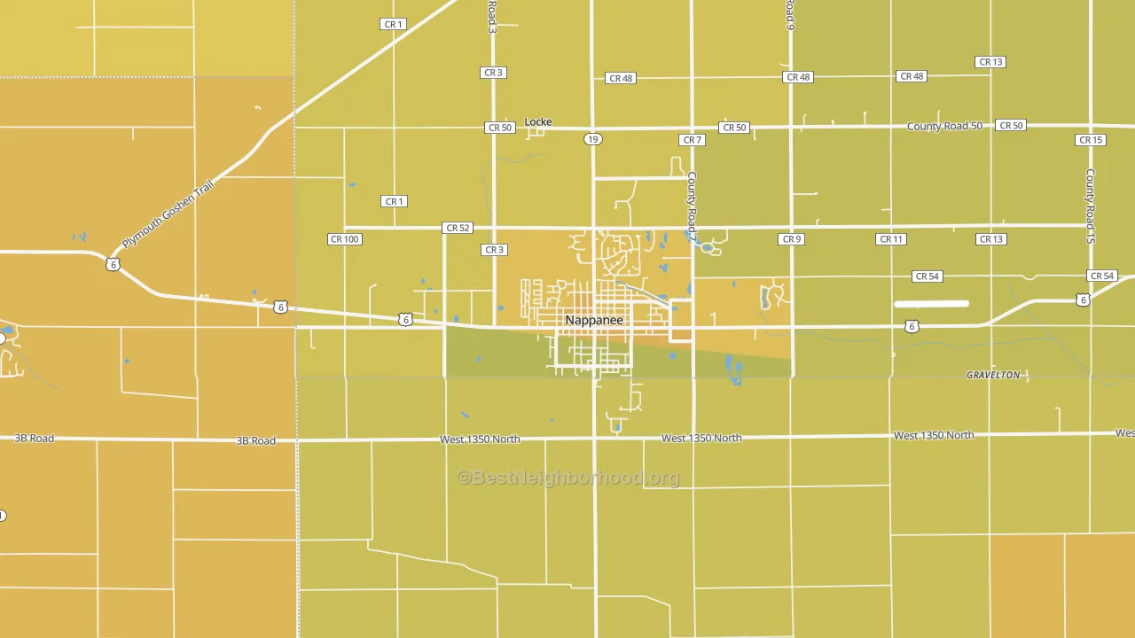 Map of the best neighborhoods in the Nappanee area, with better matches in green and worse matches in red