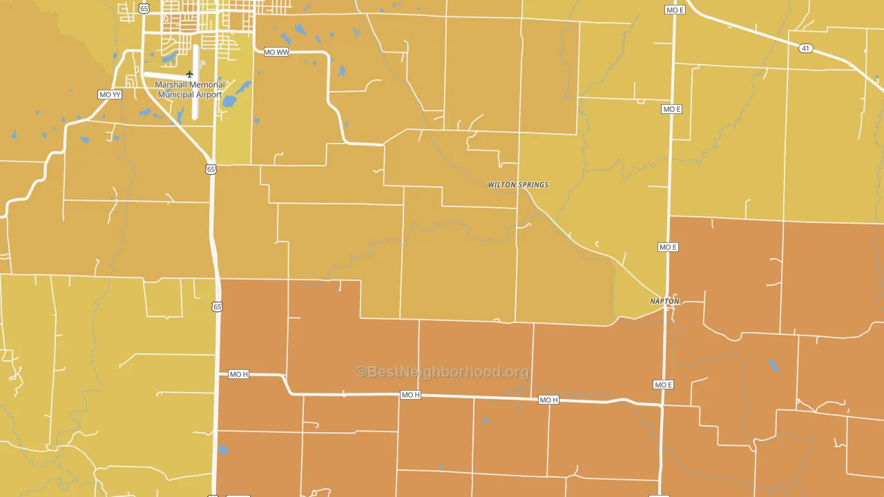 Map of the best neighborhoods in the Napton area, with better matches in green and worse matches in red