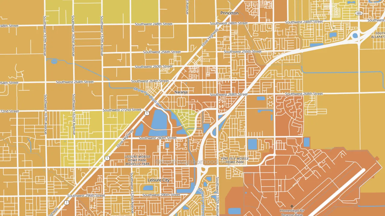 Map of the best neighborhoods in the Naranja area, with better matches in green and worse matches in red