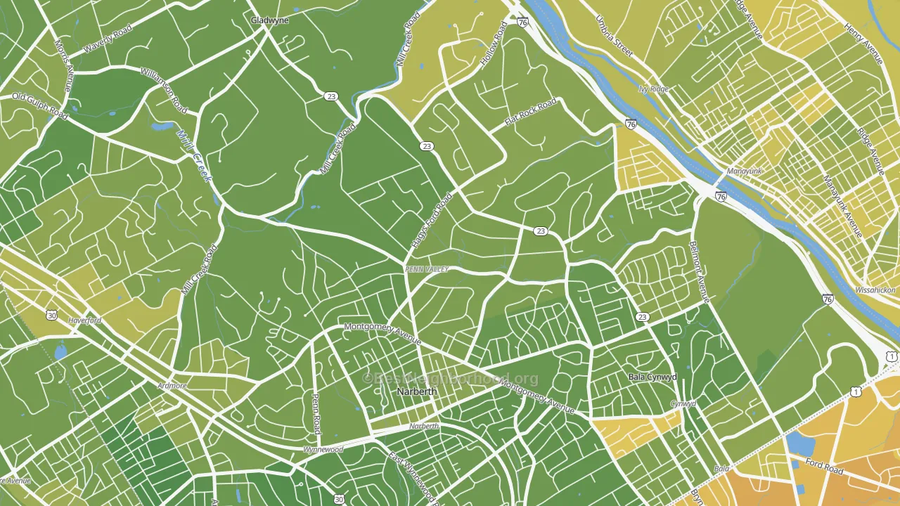 Map of the best neighborhoods in the Narberth area, with better matches in green and worse matches in red
