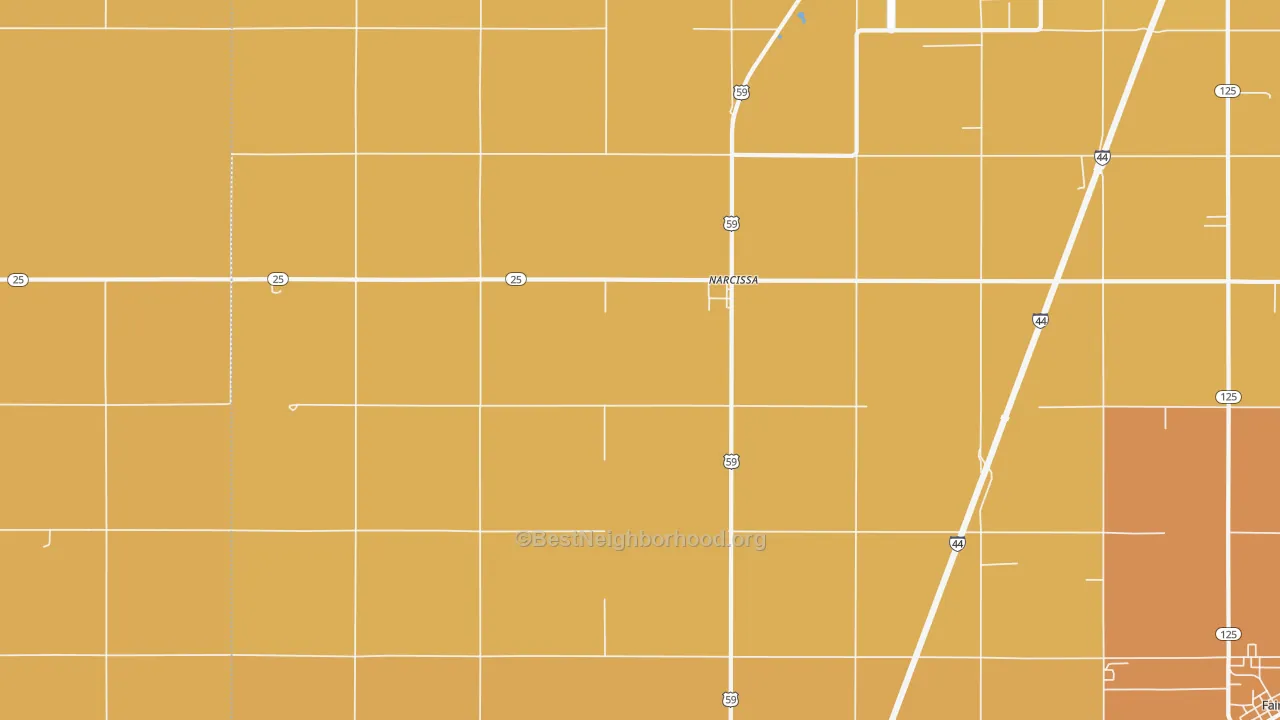 Map of the best neighborhoods in the Narcissa area, with better matches in green and worse matches in red
