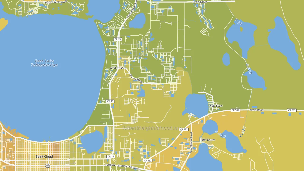 Map of the best neighborhoods in the Narcoossee area, with better matches in green and worse matches in red