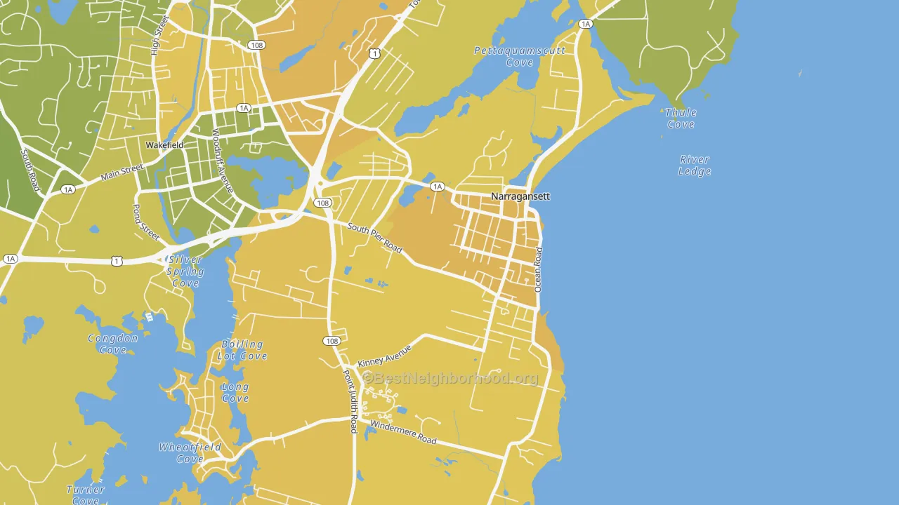 Map of the best neighborhoods in the Narragansett Pier area, with better matches in green and worse matches in red