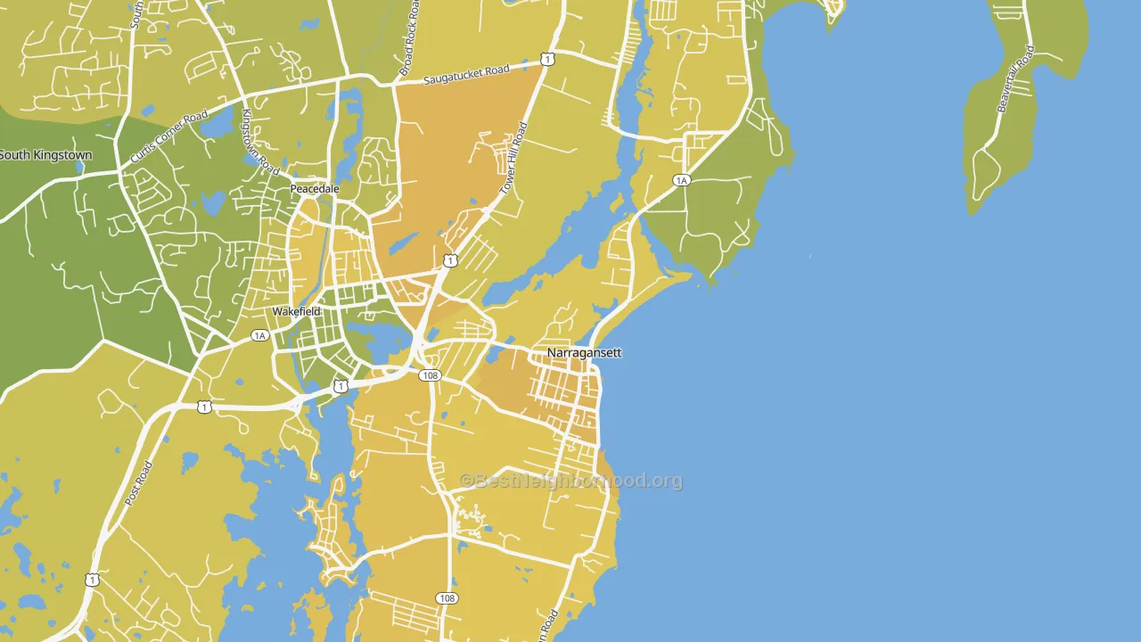 Map of the best neighborhoods in the Narragansett area, with better matches in green and worse matches in red