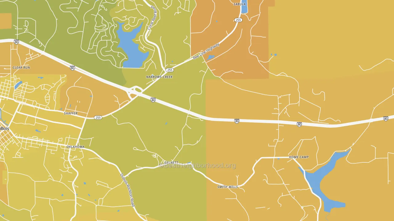 Map of the best neighborhoods in the Narrows Creek area, with better matches in green and worse matches in red