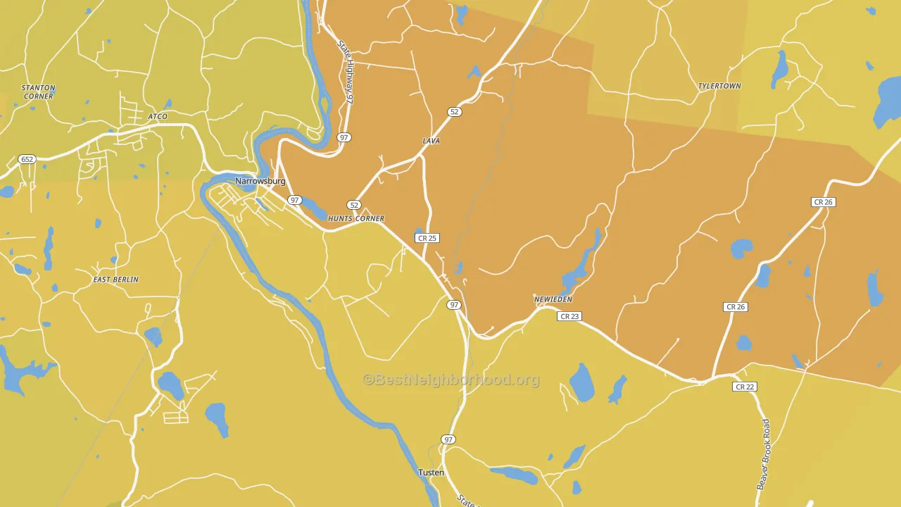 Map of the best neighborhoods in the Narrowsburg area, with better matches in green and worse matches in red