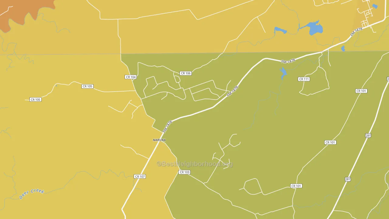 Map of the best neighborhoods in the Naruna area, with better matches in green and worse matches in red
