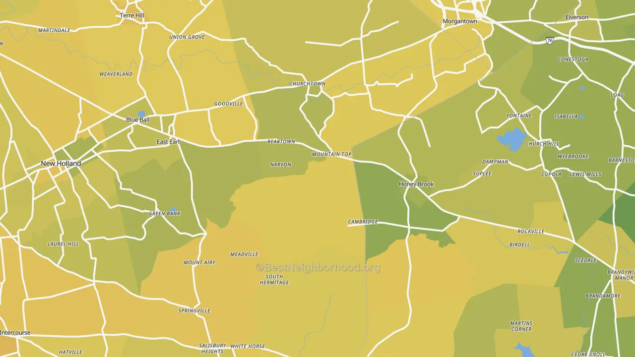Map of the best neighborhoods in the Narvon area, with better matches in green and worse matches in red