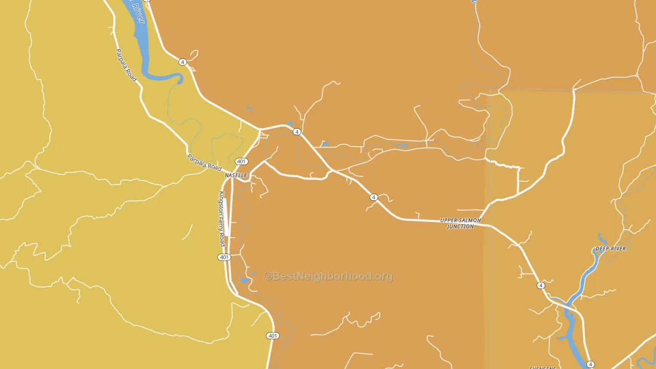 Map of the best neighborhoods in the Naselle area, with better matches in green and worse matches in red