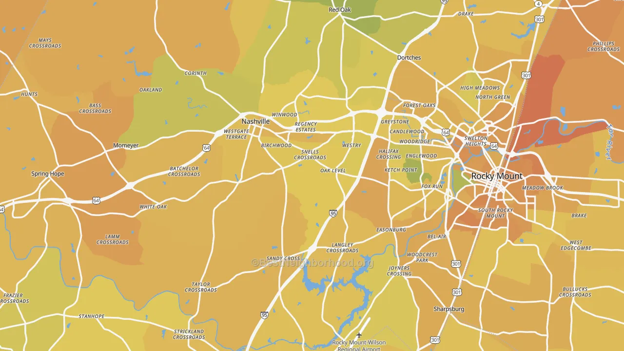 Map of the best neighborhoods in the Nash County area, with better matches in green and worse matches in red