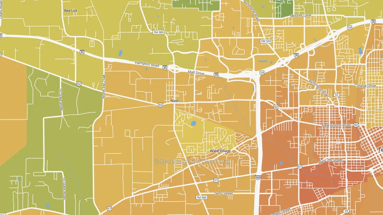 Map of the best neighborhoods in the Nash area, with better matches in green and worse matches in red