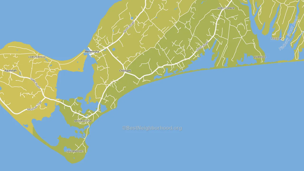Map of the best neighborhoods in the Nashaquitsa area, with better matches in green and worse matches in red
