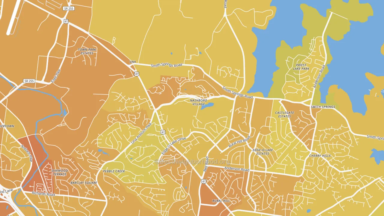 Map of the best neighborhoods in the Nashboro Village, Nashville area, with better matches in green and worse matches in red