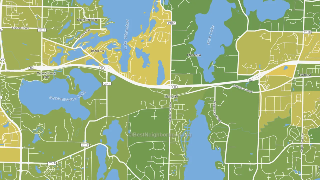 Map of the best neighborhoods in the Nashotah area, with better matches in green and worse matches in red