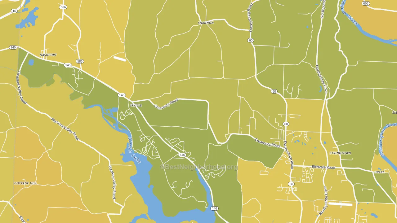 Map of the best neighborhoods in the Nashport area, with better matches in green and worse matches in red