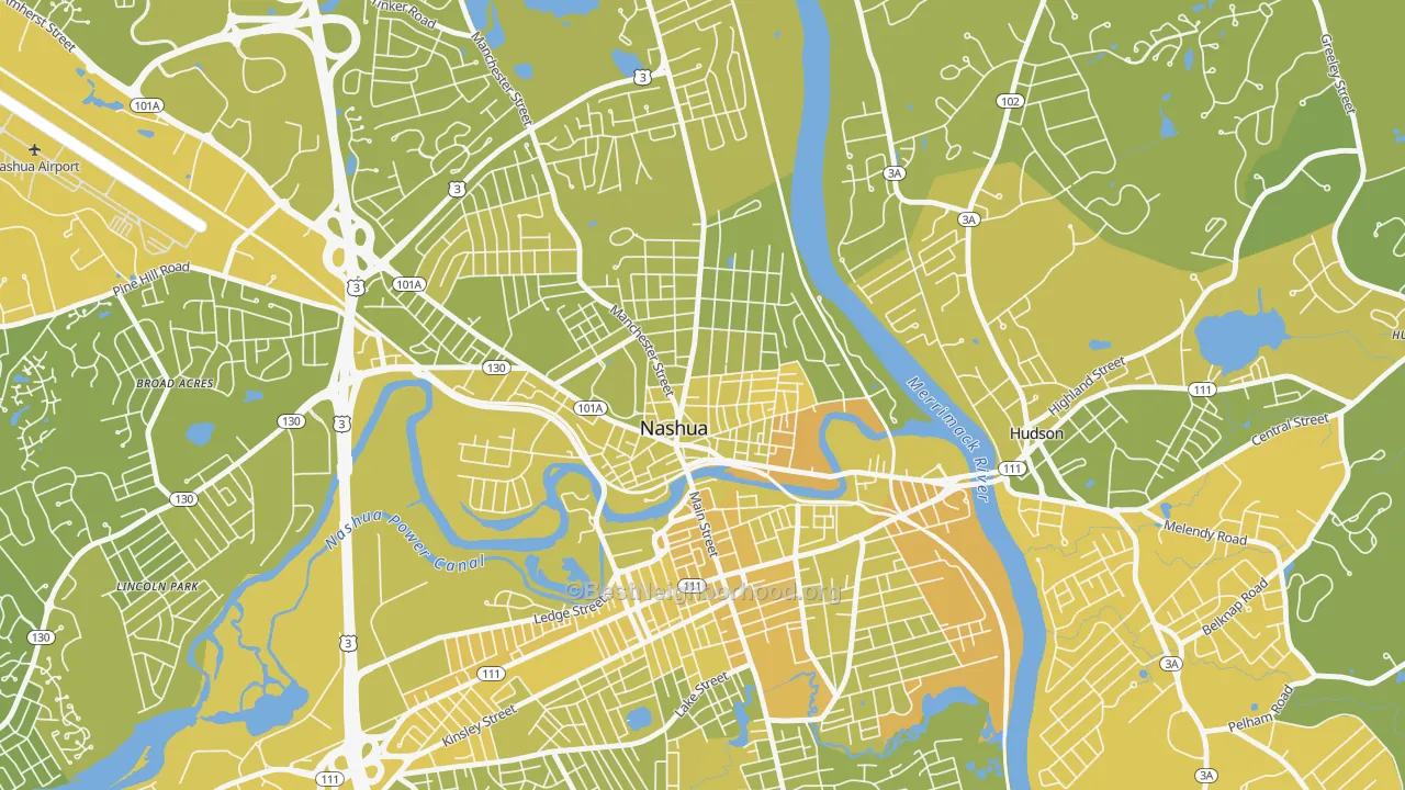 Map of the best neighborhoods in the Nashua Historic District, Nashua area, with better matches in green and worse matches in red