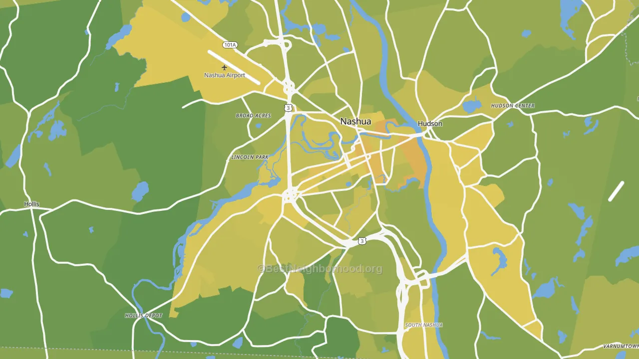 Map of the best neighborhoods in the Nashua area, with better matches in green and worse matches in red