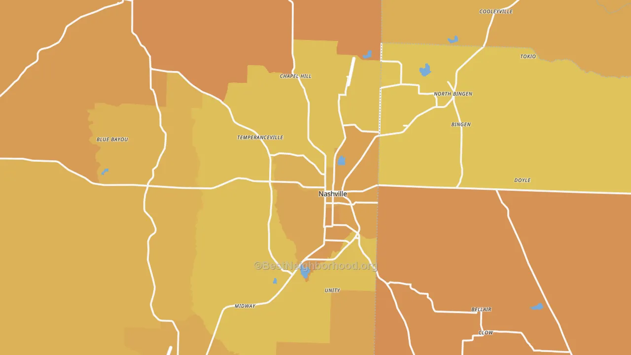 Map of the best neighborhoods in the Nashville area, with better matches in green and worse matches in red