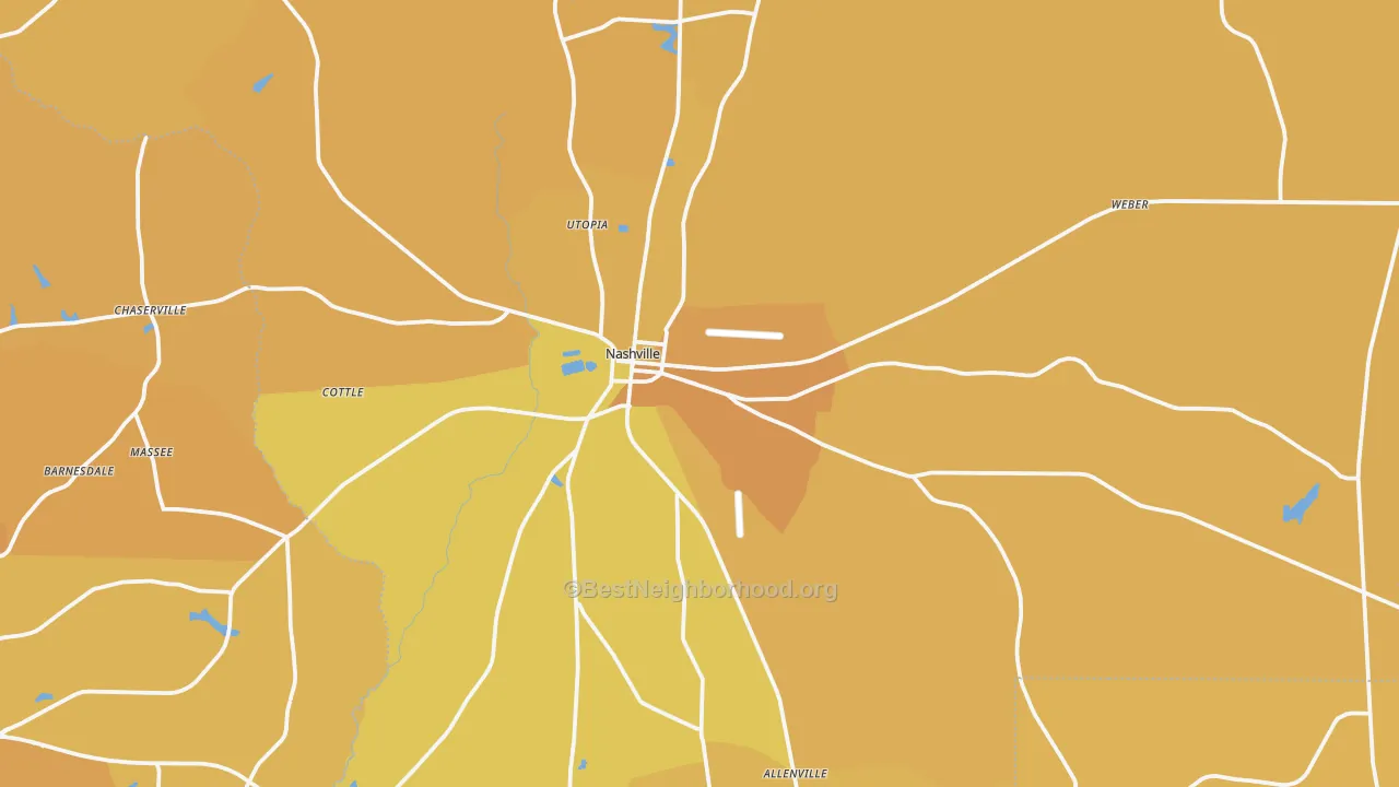 Map of the best neighborhoods in the Nashville area, with better matches in green and worse matches in red