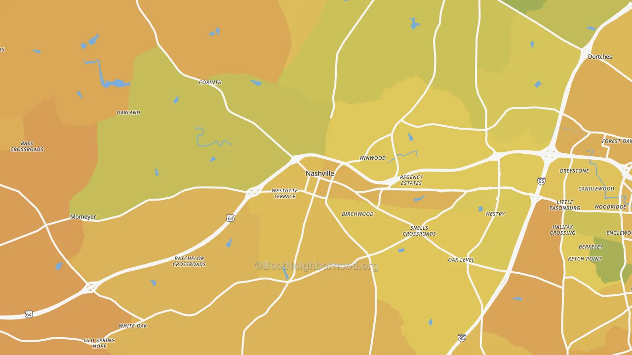 Map of the best neighborhoods in the Nashville area, with better matches in green and worse matches in red