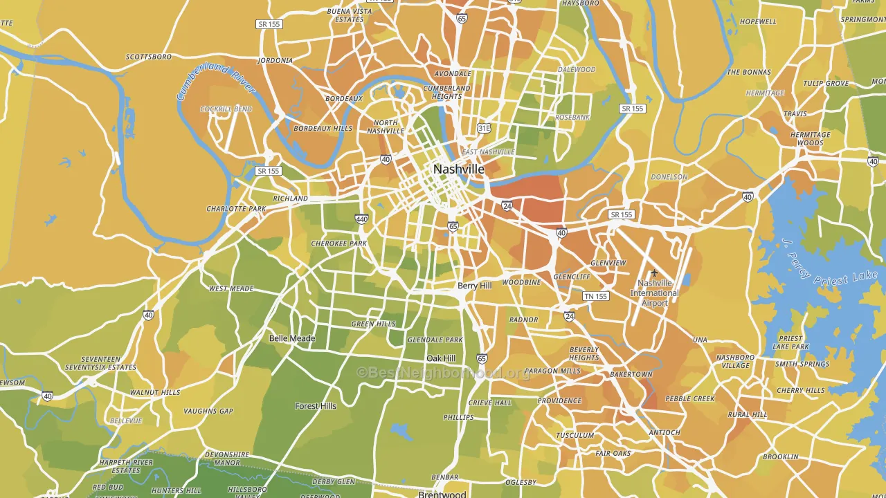 Map of the best neighborhoods in the Nashville Metro area, with better matches in green and worse matches in red