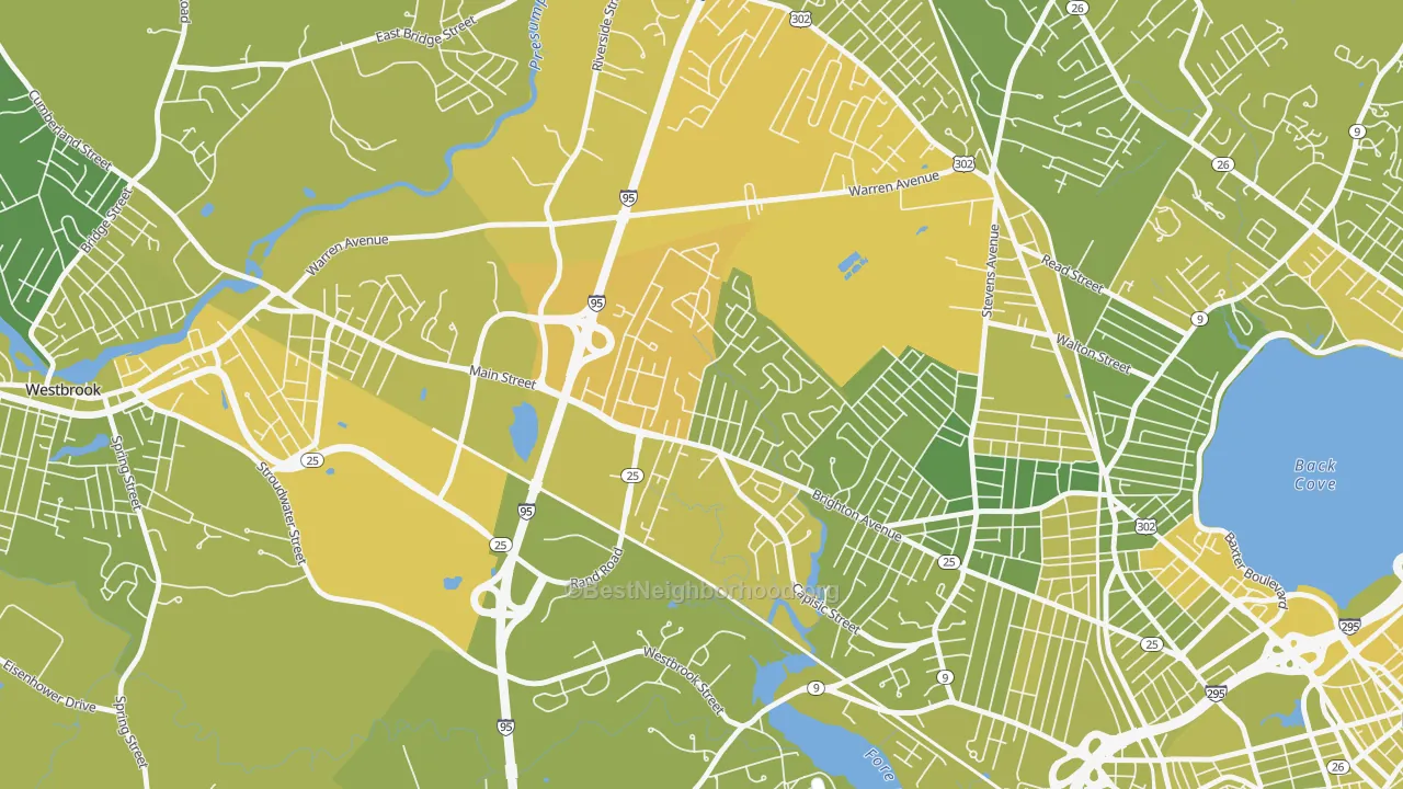 Map of the best neighborhoods in the Nasons Corner, Portland area, with better matches in green and worse matches in red