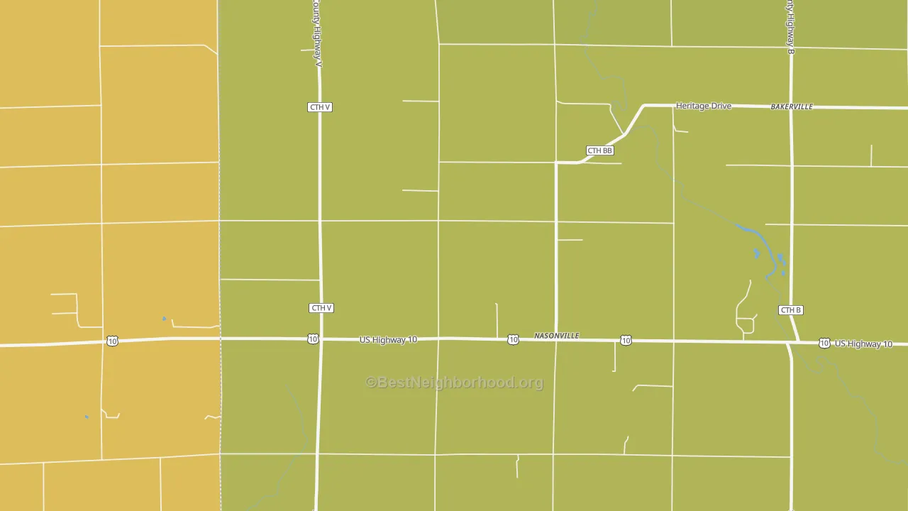 Map of the best neighborhoods in the Nasonville area, with better matches in green and worse matches in red