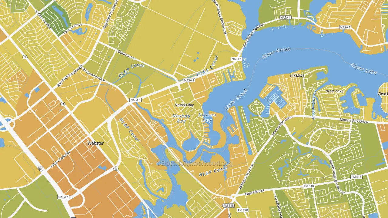 Map of the best neighborhoods in the Nassau Bay area, with better matches in green and worse matches in red