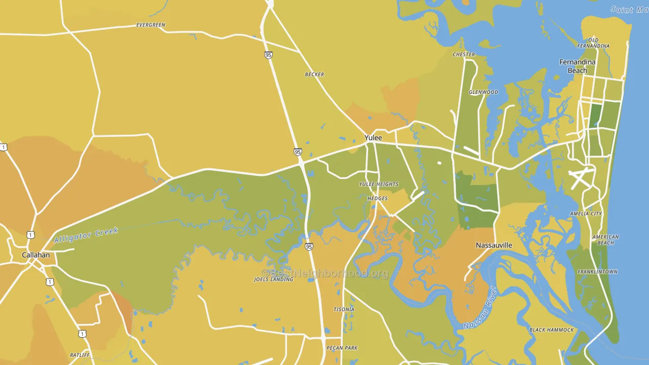 Map of the best neighborhoods in the Nassau County area, with better matches in green and worse matches in red