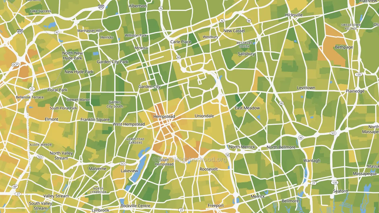 Map of the best neighborhoods in the Nassau County area, with better matches in green and worse matches in red