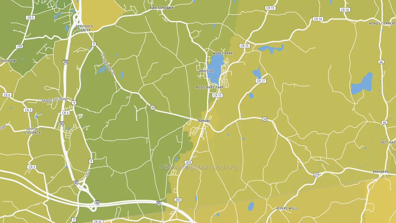 Map of the best neighborhoods in the Nassau area, with better matches in green and worse matches in red