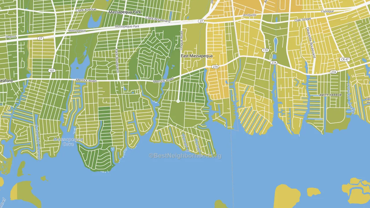 Map of the best neighborhoods in the Nassau Shores, East Massapequa area, with better matches in green and worse matches in red