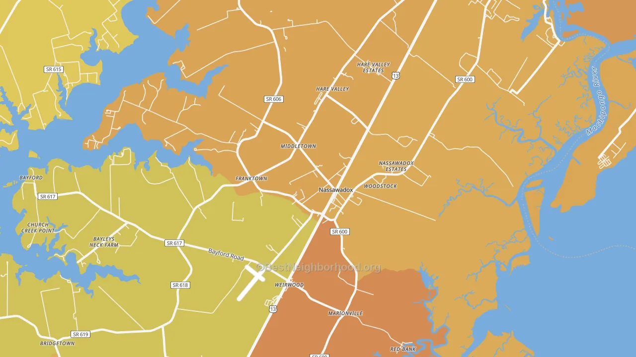 Map of the best neighborhoods in the Nassawadox area, with better matches in green and worse matches in red