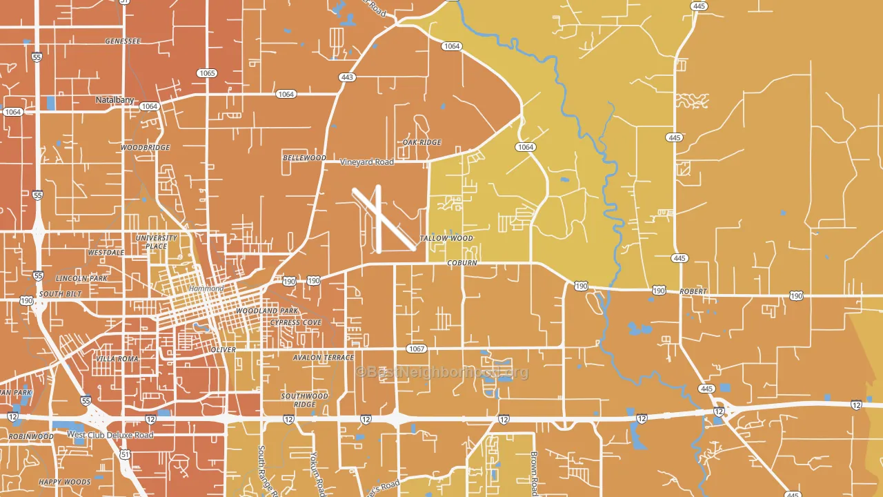 Map of the best neighborhoods in the Natalbany area, with better matches in green and worse matches in red