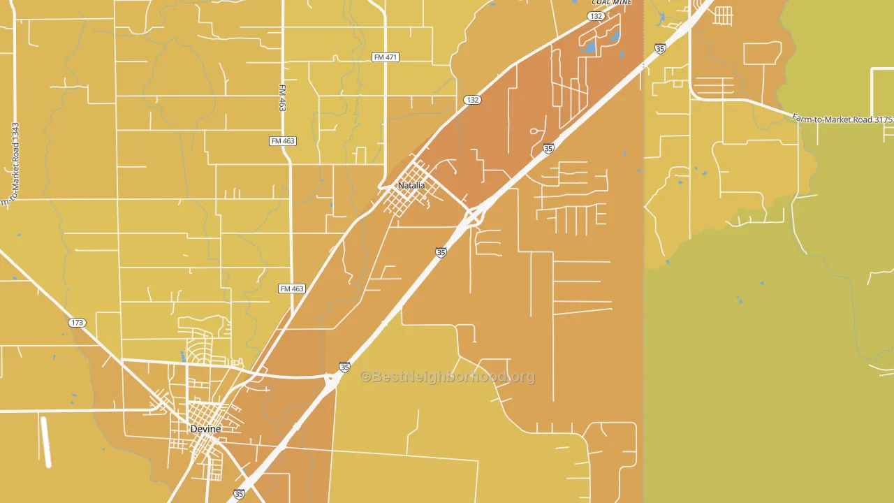 Map of the best neighborhoods in the Natalia area, with better matches in green and worse matches in red