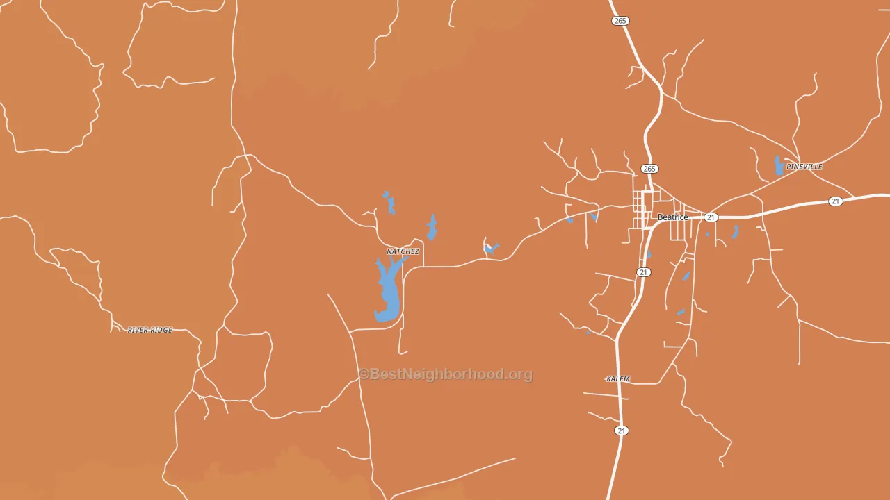 Map of the best neighborhoods in the Natchez area, with better matches in green and worse matches in red