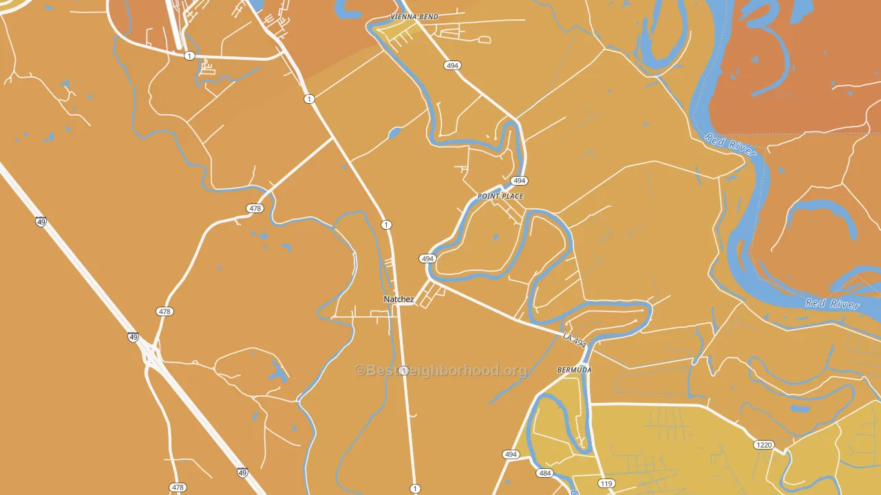 Map of the best neighborhoods in the Natchez area, with better matches in green and worse matches in red