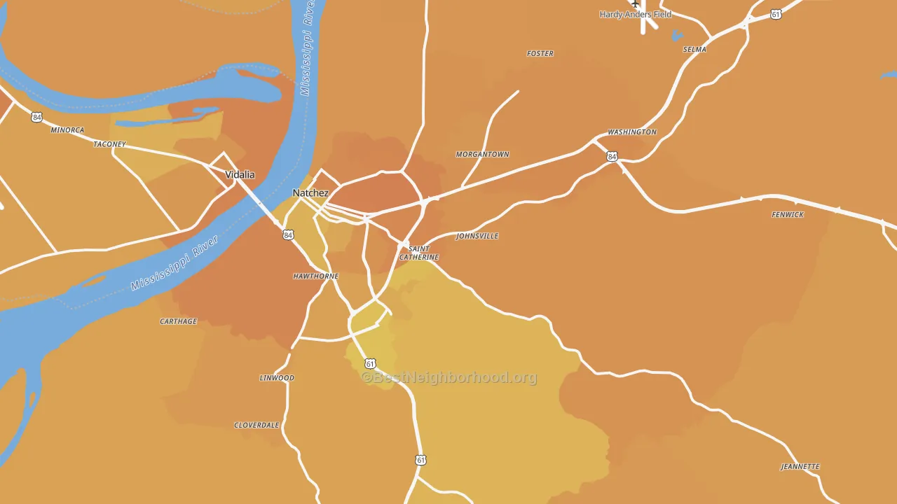 Map of the best neighborhoods in the Natchez area, with better matches in green and worse matches in red