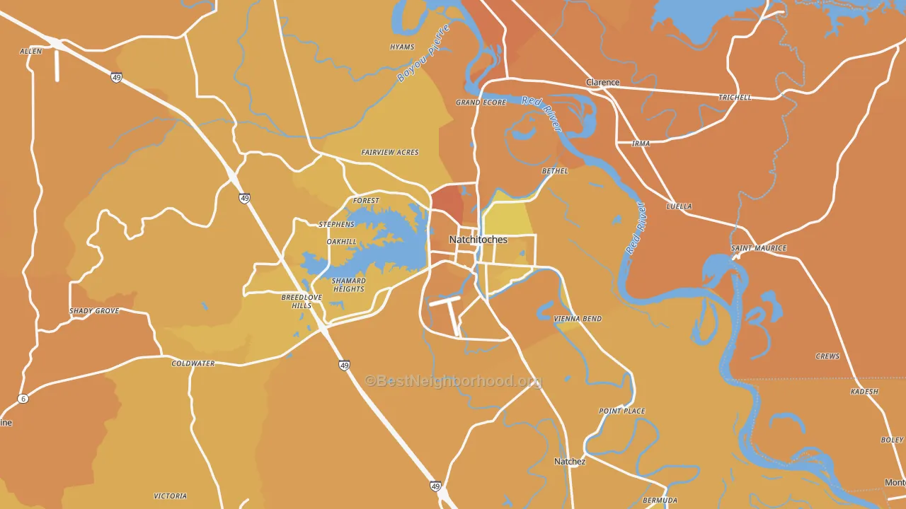 Map of the best neighborhoods in the Natchitoches Parish area, with better matches in green and worse matches in red