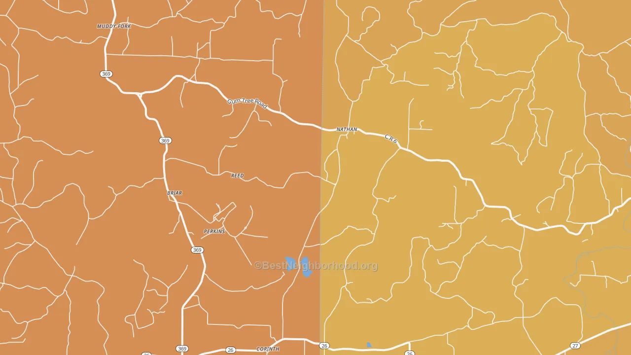 Map of the best neighborhoods in the Nathan area, with better matches in green and worse matches in red