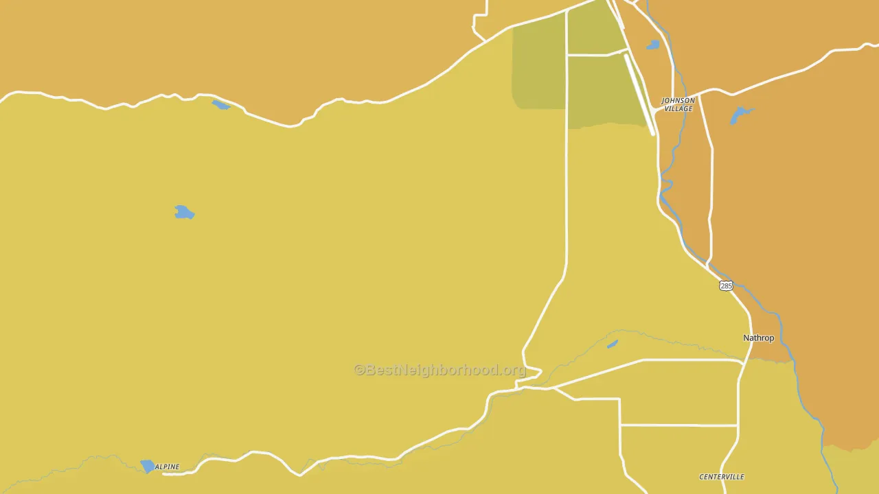 Map of the best neighborhoods in the Nathrop area, with better matches in green and worse matches in red