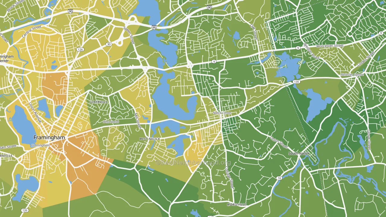 Map of the best neighborhoods in the Natick area, with better matches in green and worse matches in red