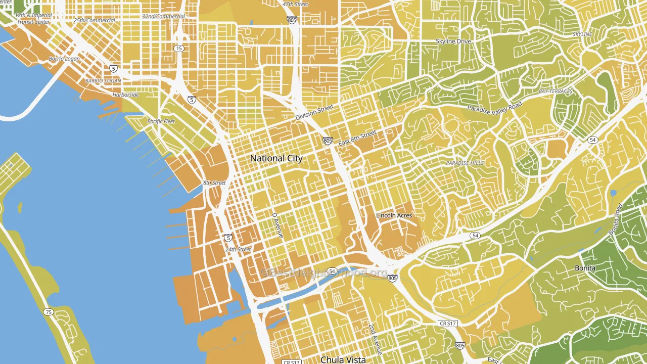 Map of the best neighborhoods in the National City area, with better matches in green and worse matches in red