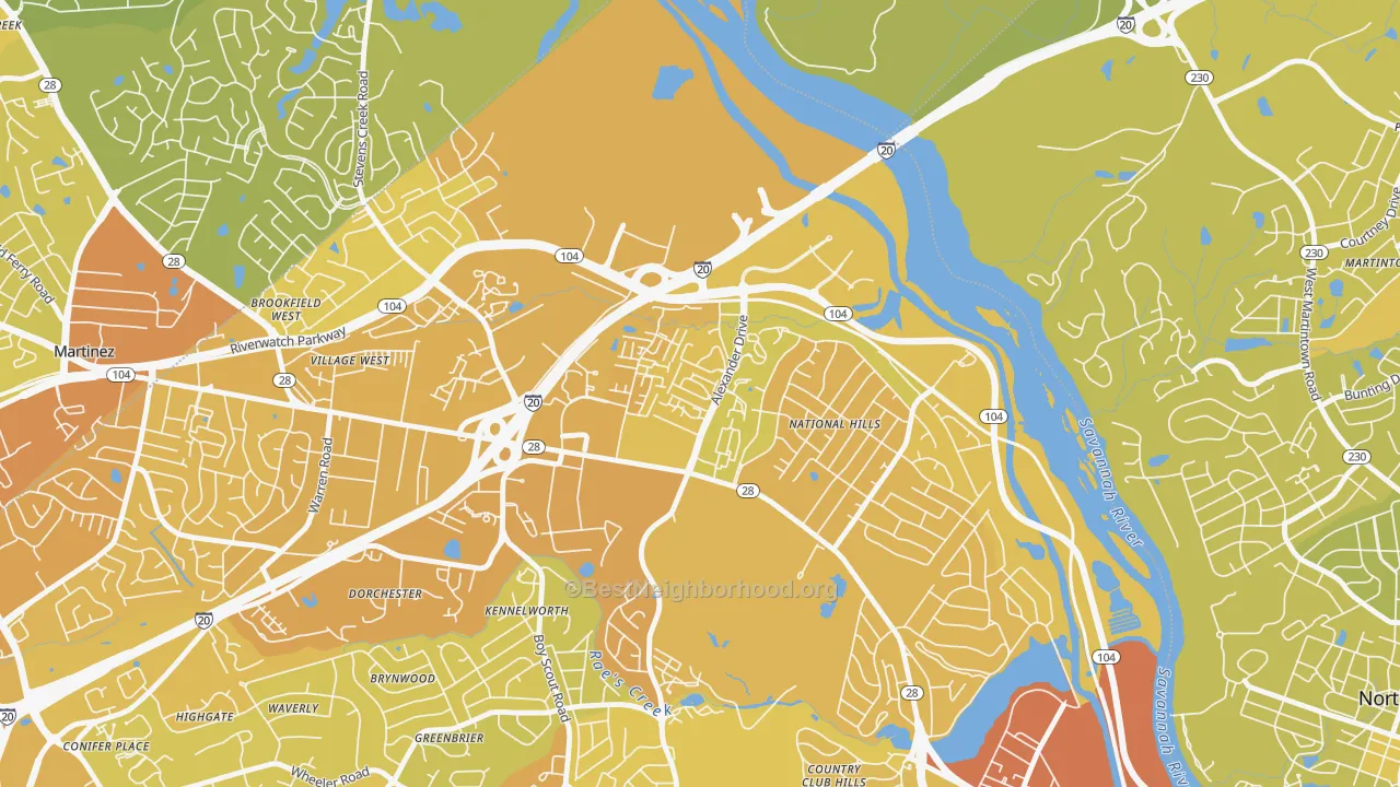 Map of the best neighborhoods in the National Hills, Augusta area, with better matches in green and worse matches in red