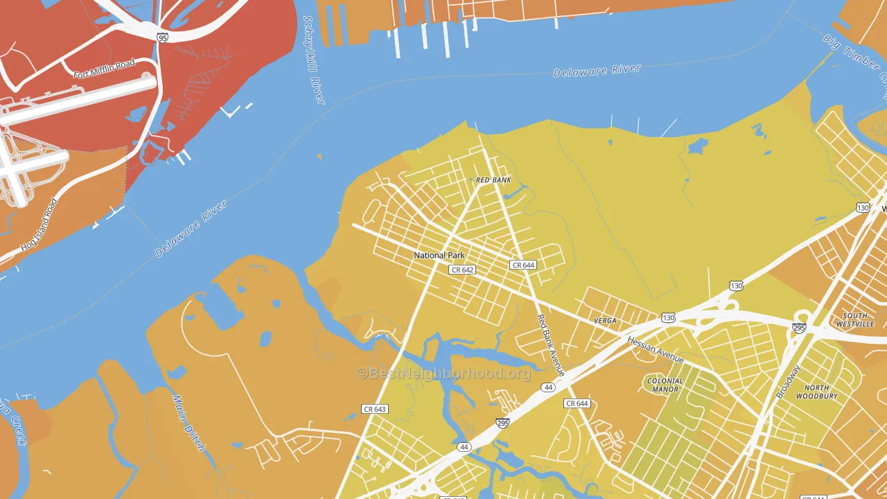 Map of the best neighborhoods in the National Park area, with better matches in green and worse matches in red
