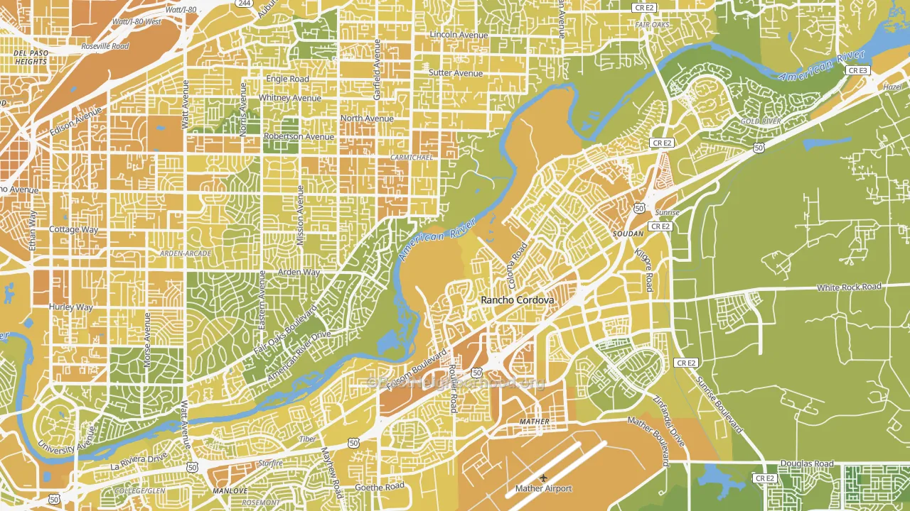 Map of the best neighborhoods in the Natomas Corporate Center, Sacramento area, with better matches in green and worse matches in red