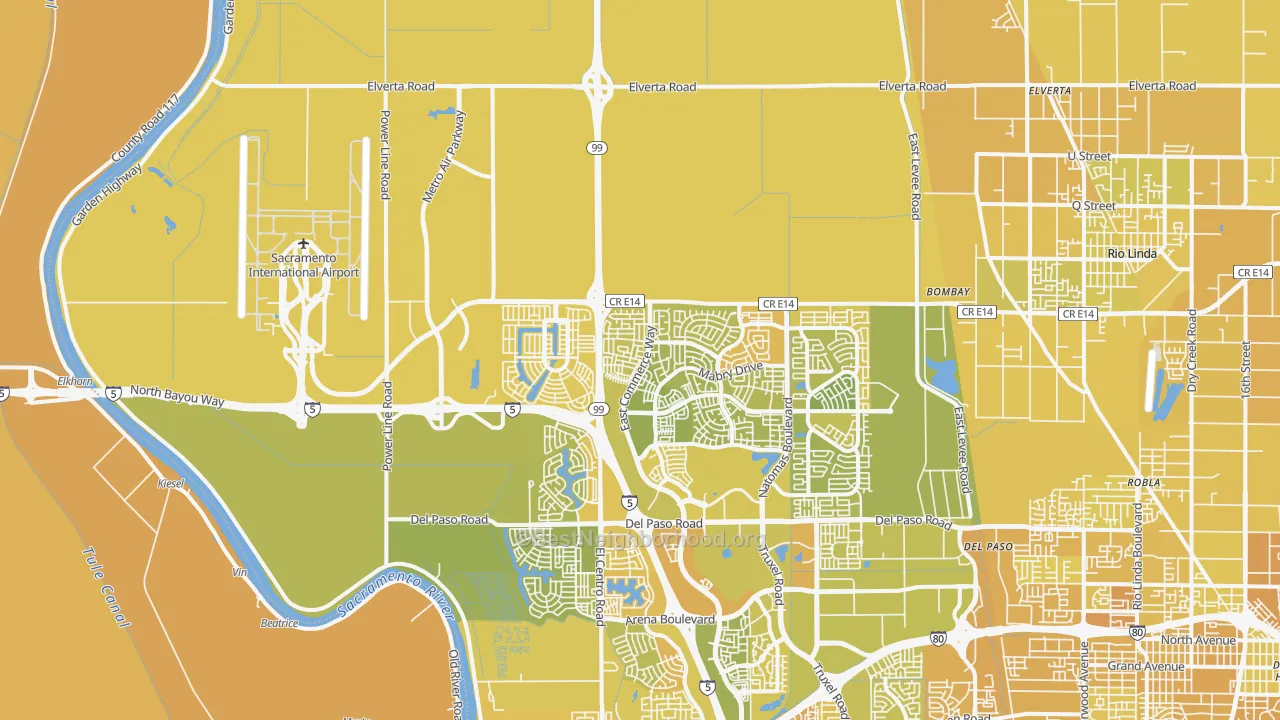 Map of the best neighborhoods in the Natomas Creek, Sacramento area, with better matches in green and worse matches in red