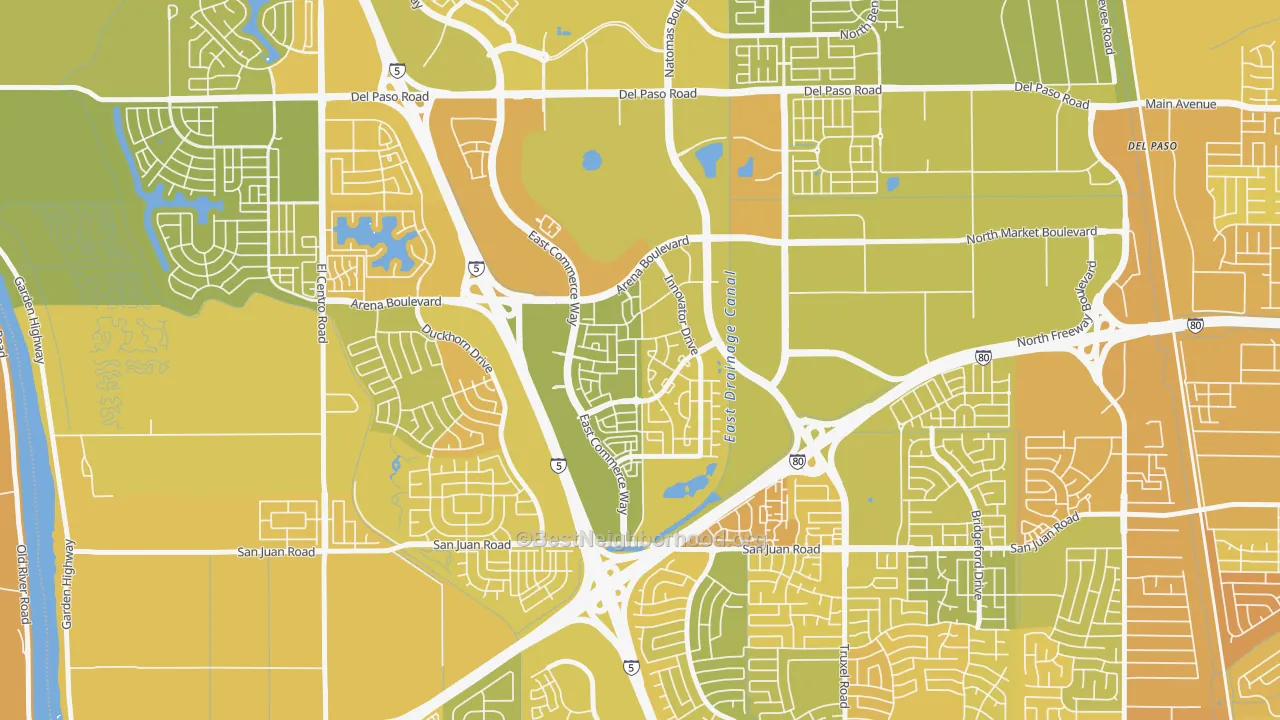 Map of the best neighborhoods in the Natomas Crossing, Sacramento area, with better matches in green and worse matches in red
