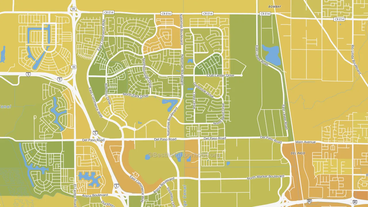 Map of the best neighborhoods in the Natomas Park, Sacramento area, with better matches in green and worse matches in red